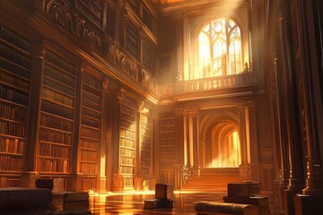 Obraz premium A large room with a lot of bookshelves and a window