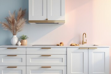 Stylish kitchen with white cabinets, wooden drawers, marble countertop, and brass faucet on a neutral background. 3D Rendering in blue and pink cinematic style with copy space