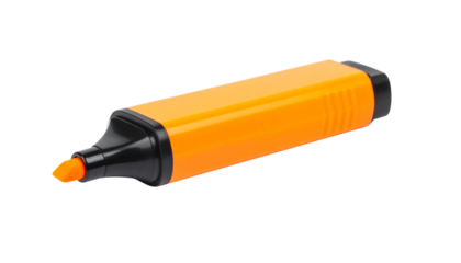 Vivid yellow highlighter with black and orange accents, a useful stationery item isolated on solid white background Png format