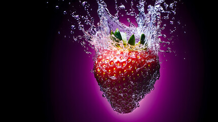 fresh red strawberry sweet and tangy summer flavor splashes into pure clear water creating bubbles abstract composition against ฟdark purple background