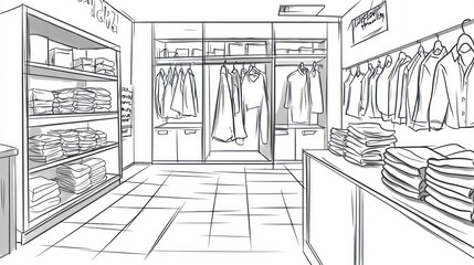 Interior sketch of a clothing store.