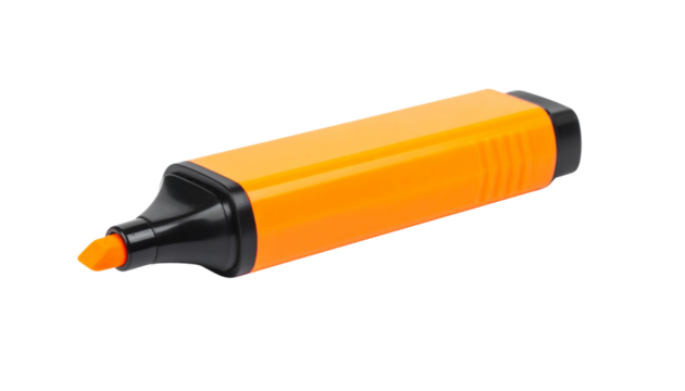 Vivid yellow highlighter with black and orange accents, a useful stationery item isolated on solid white background Png format
