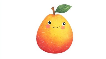 cute simple children's illustration of a vibrant mango that has eyes and a big smile, white background, very minimal art style, flat colours 