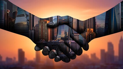 Handshake with city skyline at sunset buildings skyscrapers