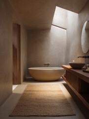 A minimalist bathroom with a freestanding tub and natural elements.