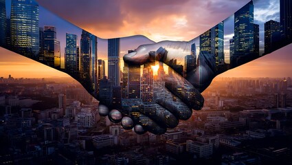 Handshake agreement with city skyline at sunset business