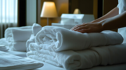female staff member cleans spa and neatly folds soft fluffy white towels preparation welcome guests hotel