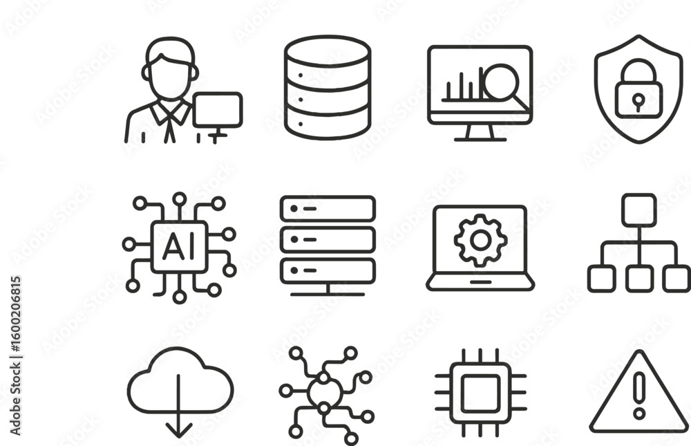Poster collection of editable line icons representing technology and data concepts in a minimalist design