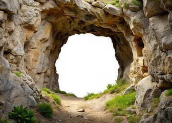 Ancient stone cave with a large hole on a rugged isolated white background