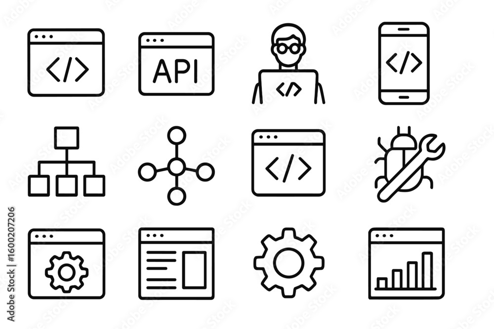 Poster icons representing various aspects of software development and programming in a simple, minimalistic