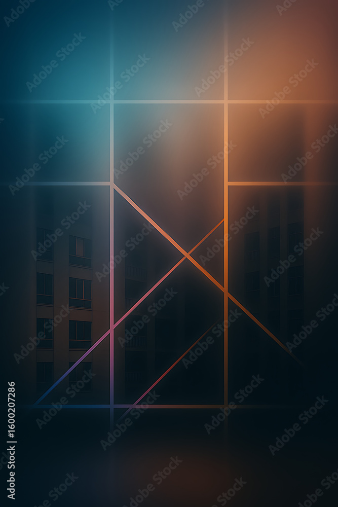 Poster abstract architectural lines intersect over blurred building facade with gradient lighting