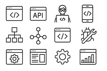 Icons representing various aspects of software development and programming in a simple, minimalistic design style