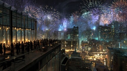 City rooftop fireworks