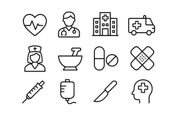 Health care symbols representing medicine, treatment, and patient care in a simple outline style