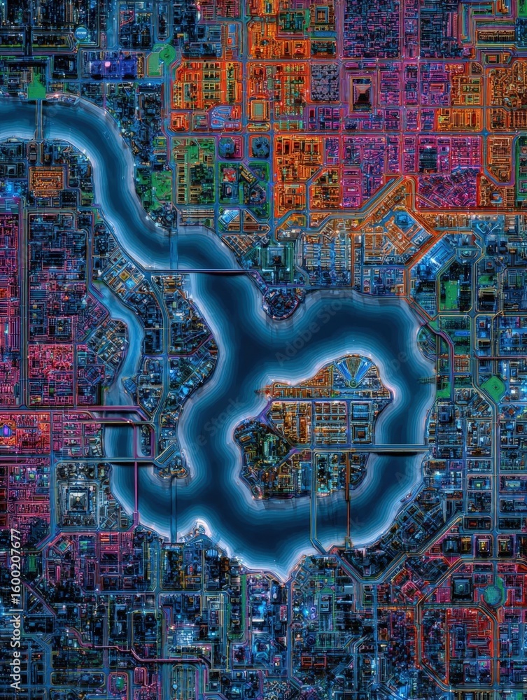 Poster aerial view of a city with a large body of water in the center. the city appears to be made up of mu