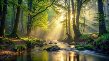 Fototapeta premium A misty forest stream at dawn with sunlight filtering through trees