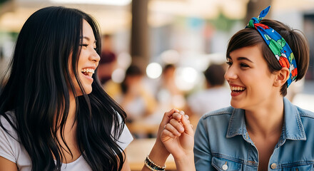 Two women laughing and holding hands at an outdoor cafe with a blurred background scene visible