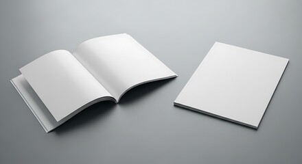 Open and closed blank white magazines on a grey surface