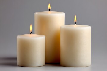 Three ivory candles of various sizes burning against a neutral background