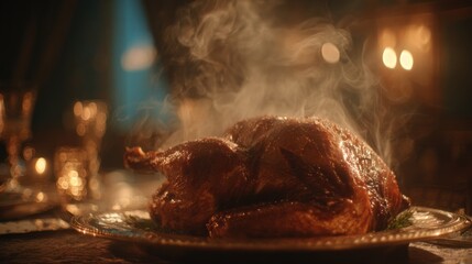 Roasted turkey on a plate, steaming hot