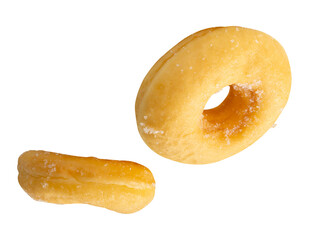 Top view set of two pieces of scattering cinnamon donuts isolated on white background with clipping path