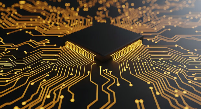 Close up of a black microchip with golden circuit lines on a dark background in a digital render - Powered by Adobe