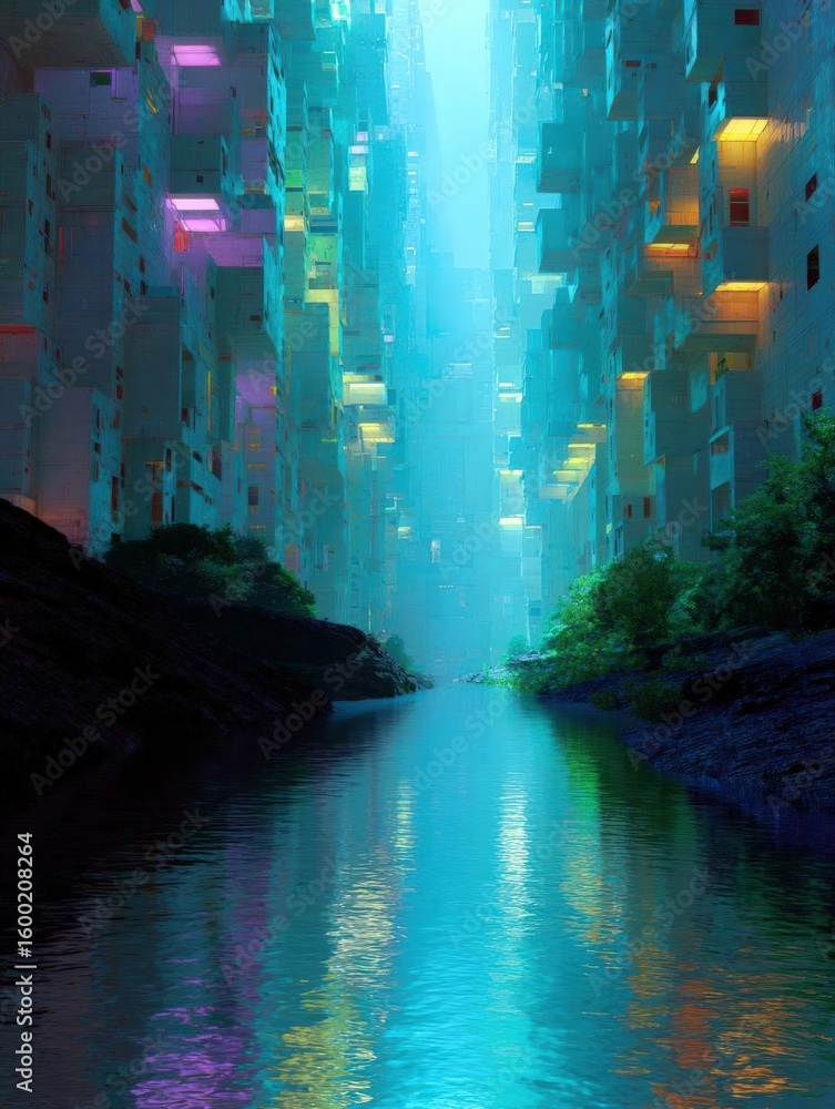 Poster digital art piece that appears to be a futuristic cityscape. the city is made up of tall buildings w