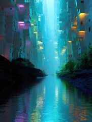 Obraz premium Digital art piece that appears to be a futuristic cityscape. the city is made up of tall buildings with multiple levels, each with a unique architectural design.