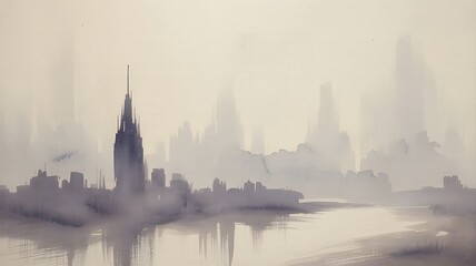 Misty city skyline watercolor painting cityscape urban