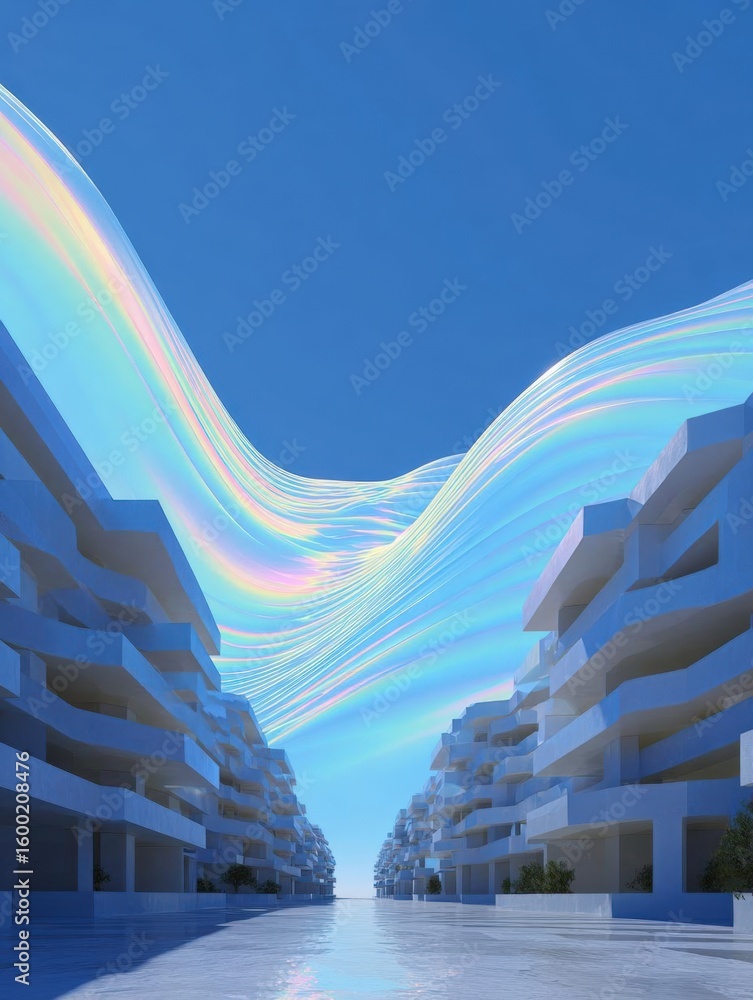 Poster futuristic cityscape with multiple buildings on either side. the buildings are white and have a mode