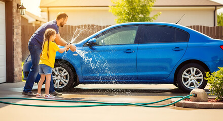 A father and daughter washing a blue car together in the driveway on a sunny day outside home