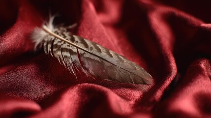 Feather on crimson fabric