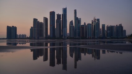 Modern city skyline with mirrored reflections at dusk cityscape skyscrapers