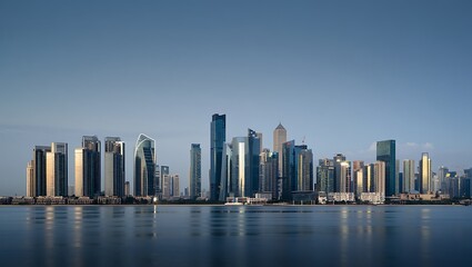 Modern city skyline with reflective water cityscape skyscrapers