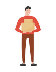 Young adult man holds in hands cardboard boxes. Moving home and delivery. Minimal flat vector illustration.