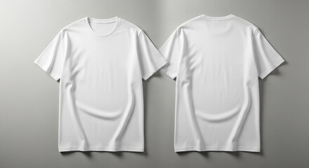 Two plain white tshirts one front one back on a grey background
