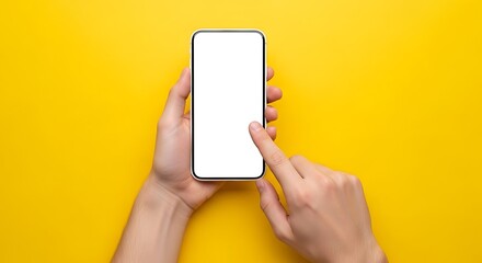 Two hands holding a smartphone with a blank white screen against a yellow background