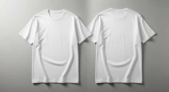 Two plain white tshirts one front one back on a grey background