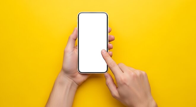 Two hands holding a smartphone with a blank white screen against a yellow background