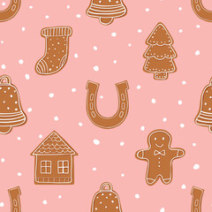 Seamless Christmas pattern with festive gingerbread cookies in various shapes. Holiday background with snow dots. Perfect for seasonal wrapping paper, textiles, packaging, greeting cards, stationery.
