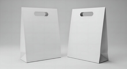 Two white paper shopping bags stand sidebyside on a white surface