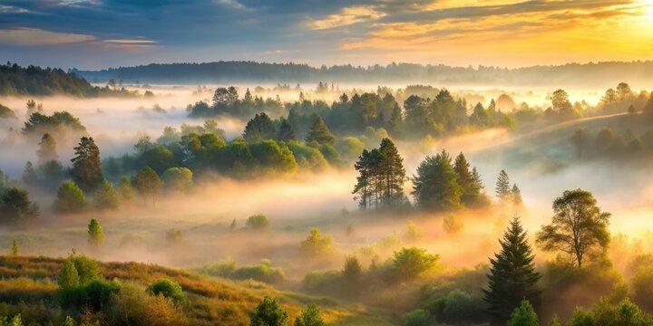 Dew-kissed forest landscape at sunrise with misty fog rolling in