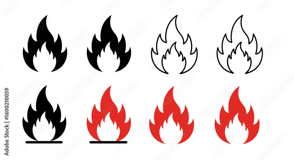 Poster flame icon set in silhouette and outline styles with red variants