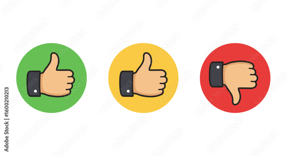 Poster thumbs up and down icons in flat style with colorful circles for feedb