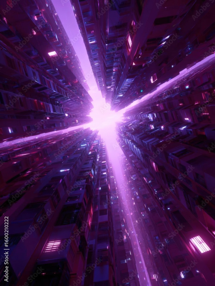 Poster futuristic cityscape with tall buildings on either side. the buildings are arranged in a grid-like p
