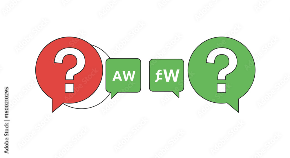 Poster red and green speech bubbles with question marks and text in between