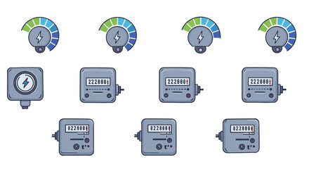 Electric meter and gauge icons in cartoon style for energy management