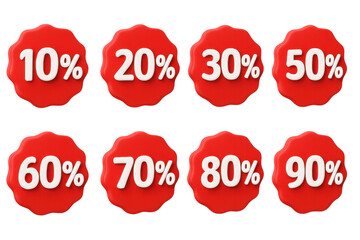 Red discount badges with percentage numbers in 3d style for sales and promotions