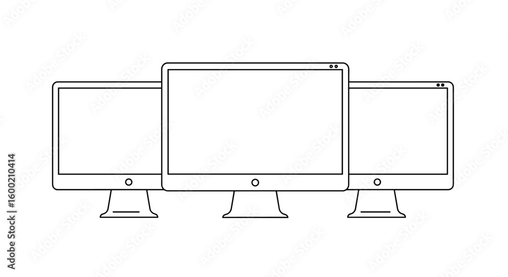 Poster minimalist line art computers with monitors in front view for technolo