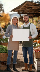 Naklejka premium Couple stands together in a market holding a blank sign during autumn harvest season